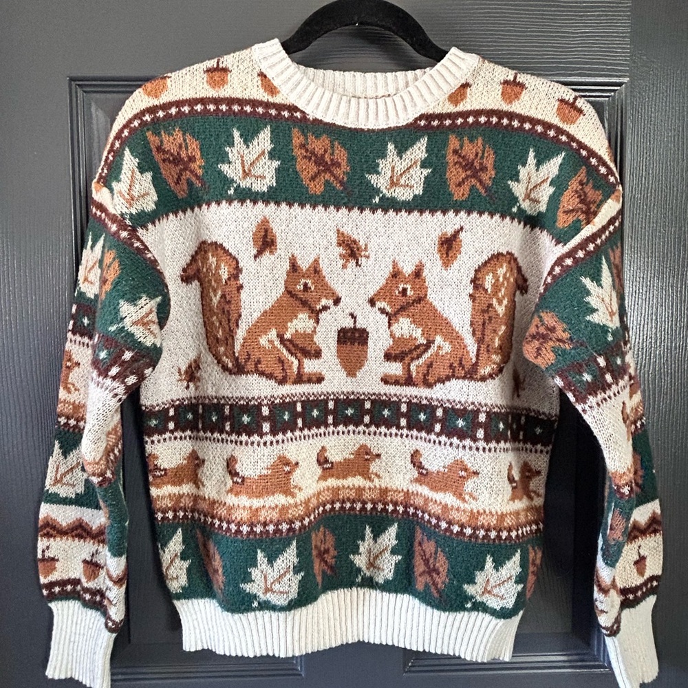 Cozy Woodland Fox Sweater - Green and Brown
